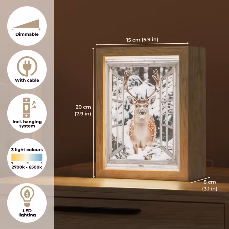 Doorkijk - Hert - Sneeuw - Winter - Bos - Dieren - Natuur Light Box met kabel (Tafellamp) klein -USP_EN