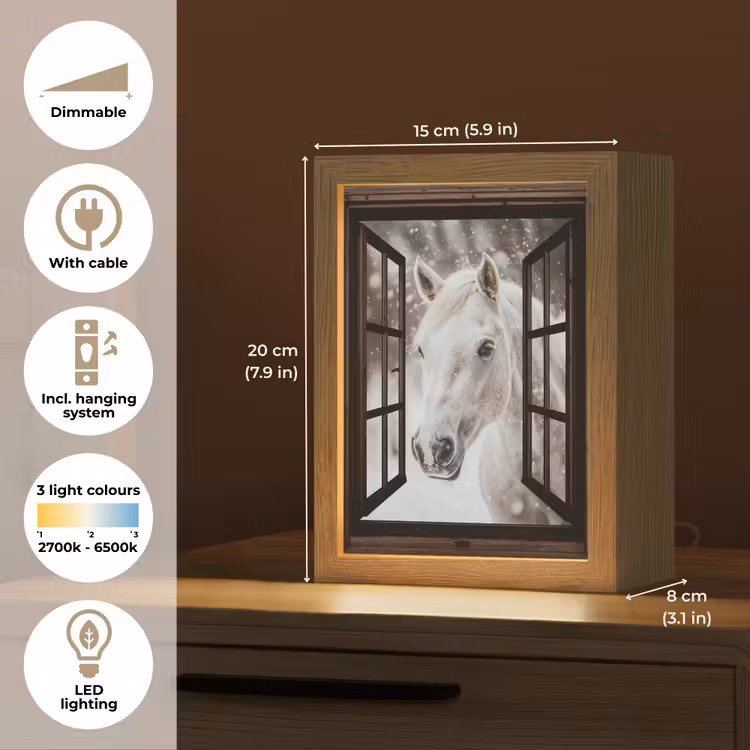 Doorkijk - Paard - Wit - Winterlandschap - Sneeuw Light Box met kabel (Tafellamp) klein -USP_EN