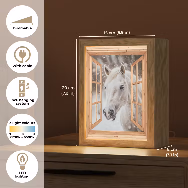 Doorkijk - Paard - Wit - Winter - Sneeuw - Dieren Light Box met kabel (Tafellamp) klein -USP_EN