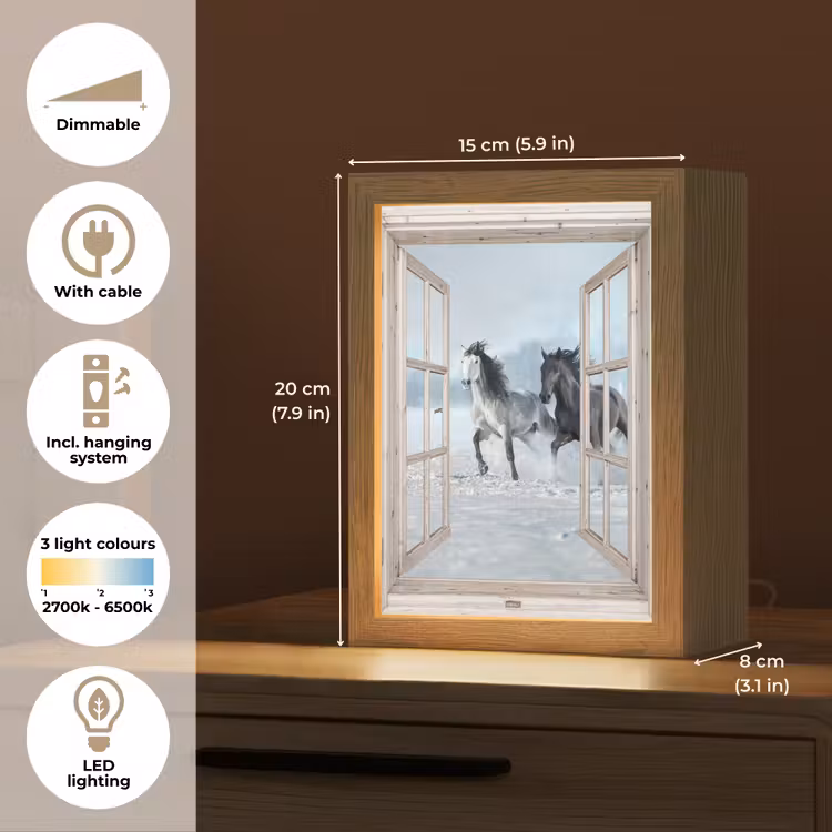 Doorkijk - Paarden - Winter - Dieren - Natuur - Wit Light Box met kabel (Tafellamp) klein -USP_EN