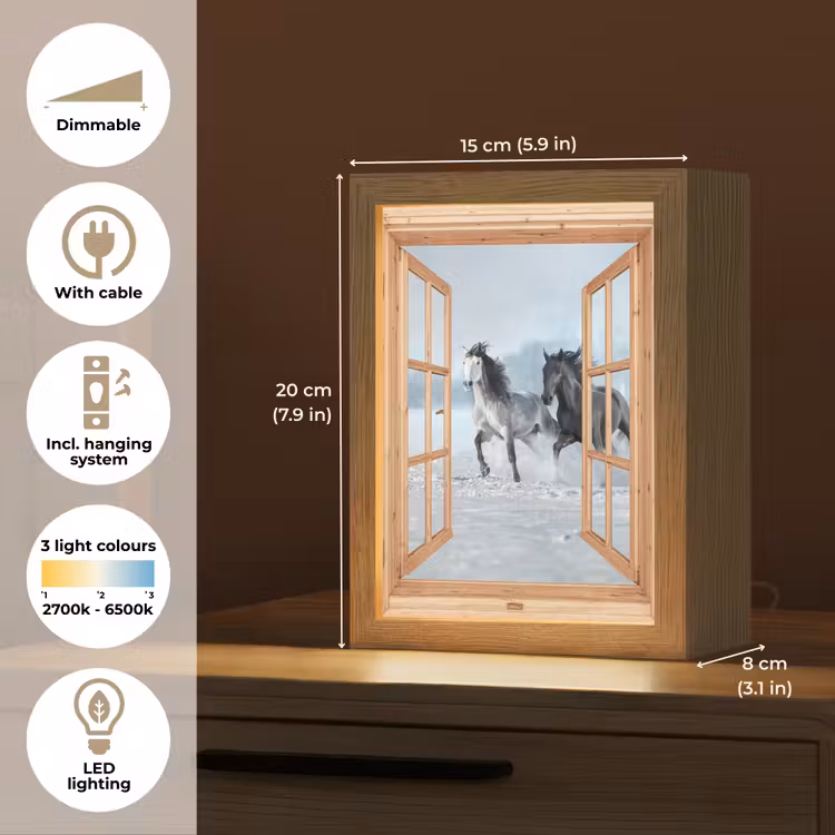 Doorkijk - Paarden - Winter - Dieren - Natuur - Hout Light Box met kabel (Tafellamp) klein -USP_EN