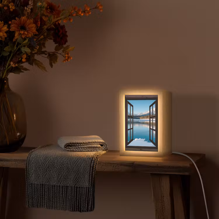 Doorkijk - Winterlandschap - Meer - Bergen - Uitzicht Light Box met kabel (Tafellamp) klein -sfeer4