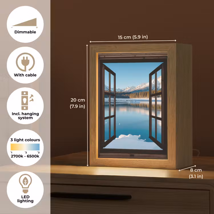 Doorkijk - Winterlandschap - Meer - Bergen - Uitzicht Light Box met kabel (Tafellamp) klein -USP_EN