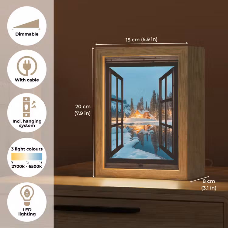 Doorkijk - Winter - Landschap - Natuur - Huis - Bergen Light Box met kabel (Tafellamp) klein -USP_EN