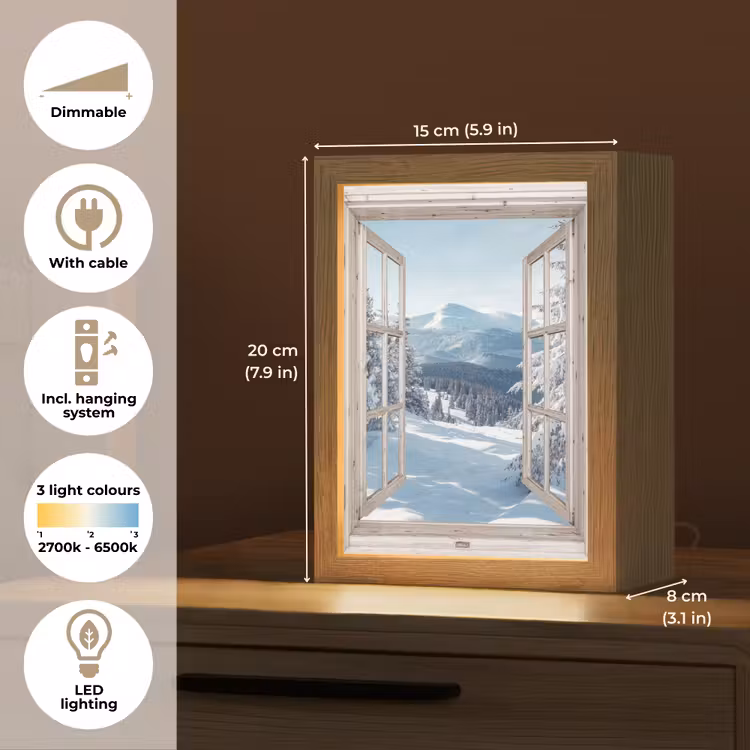 Doorkijk - Winter - Landschap - Natuur - Berg - Bomen - Wit Light Box met kabel (Tafellamp) klein -USP_EN