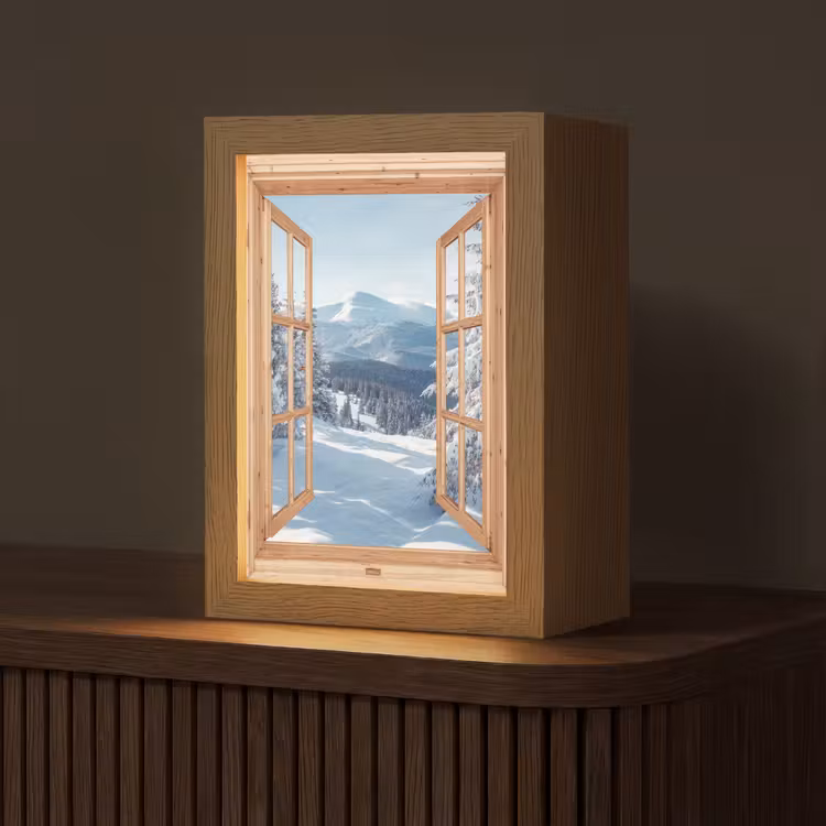 Doorkijk - Winterlandschap - Natuur - Berg - Bomen - Hout Light Box met kabel (Tafellamp) klein -z3d_website