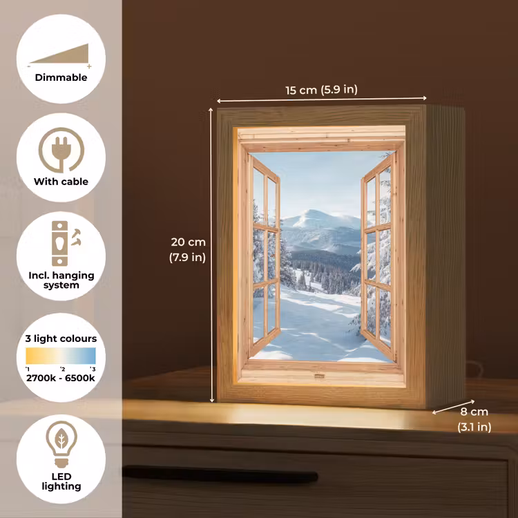 Doorkijk - Winterlandschap - Natuur - Berg - Bomen - Hout Light Box met kabel (Tafellamp) klein -USP_EN