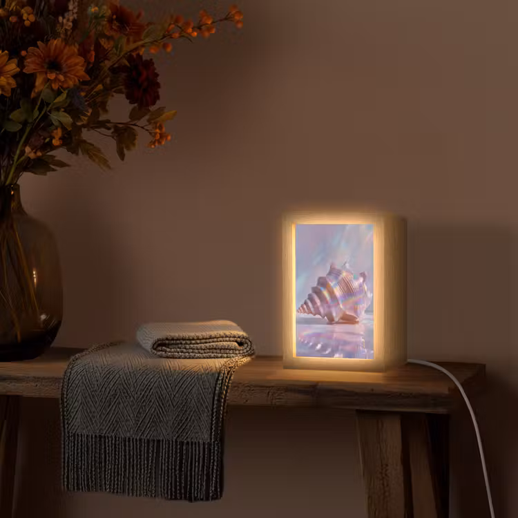 Schelp - Glanzend - Regenboogtinten Light Box met kabel (Tafellamp) klein -sfeer4