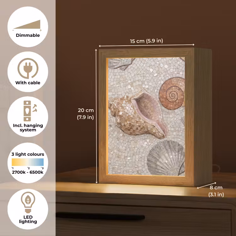 Schelp - Mozaïek - Zee - Beige - Modern Light Box met kabel (Tafellamp) klein -USP_EN