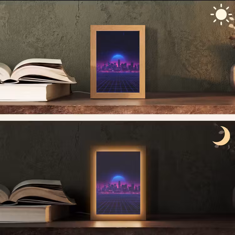 Skyline - Zon - Neon - Rasterpatroon Light Box met kabel (Tafellamp) klein -sfeer3