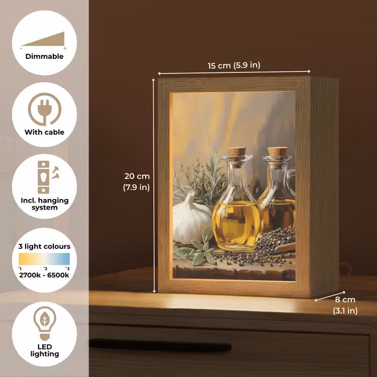 Stilleven - Olijfolie - Knoflook - Kruiden Light Box met kabel (Tafellamp) klein -USP_EN