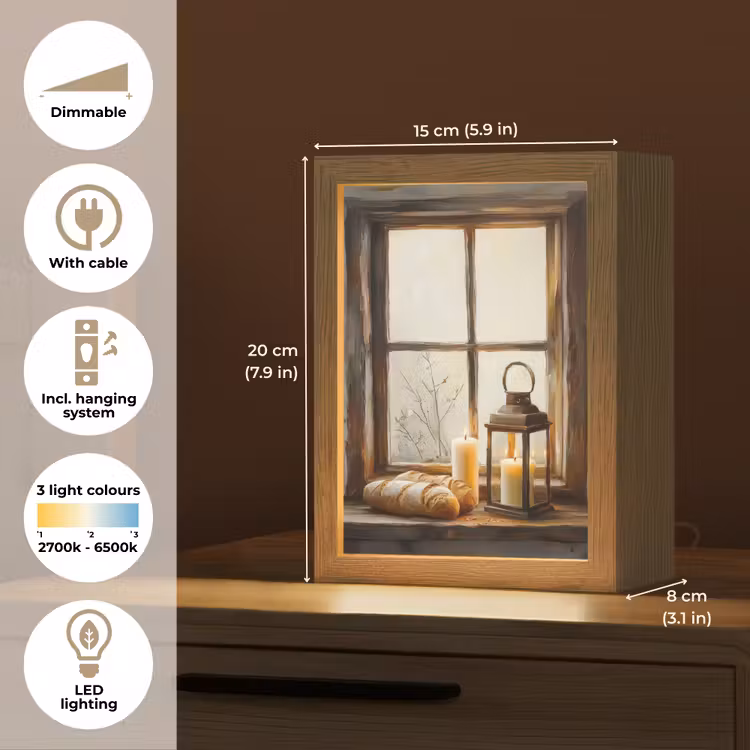 Stilleven - Rustiek - Kaarsen - Broden - Raam Light Box met kabel (Tafellamp) klein -USP_EN