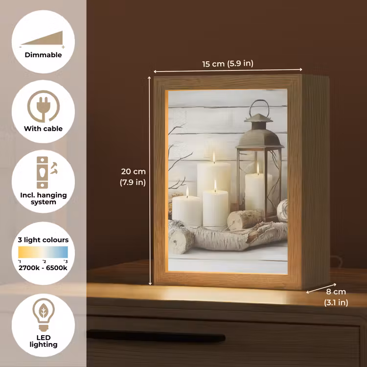 Stilleven - Wit - Kaarsen - Rustiek - Natuur Light Box met kabel (Tafellamp) klein -USP_EN