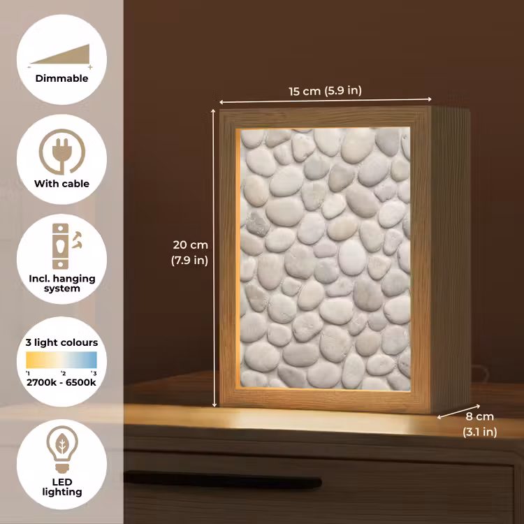 Steen - Kiezel - Natuur - Minimalistisch - Beige Light Box met kabel (Tafellamp) klein -USP_EN