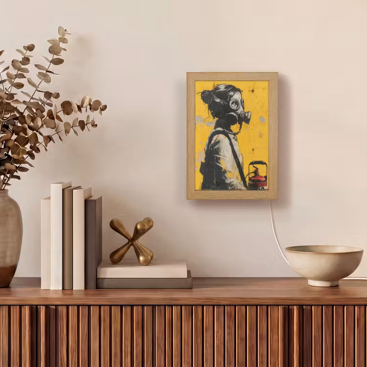 Street art - Meisje - Geel - Banksy Style Light Box met kabel (Tafellamp) klein -sfeer2