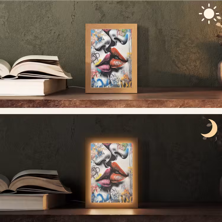Street art - Lippen - Kus - Graffiti Light Box met kabel (Tafellamp) klein -sfeer3