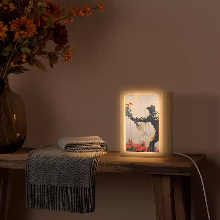 Street art - Man - Bloemen - Graffiti - Banksy Style Light Box met kabel (Tafellamp) klein -sfeer4