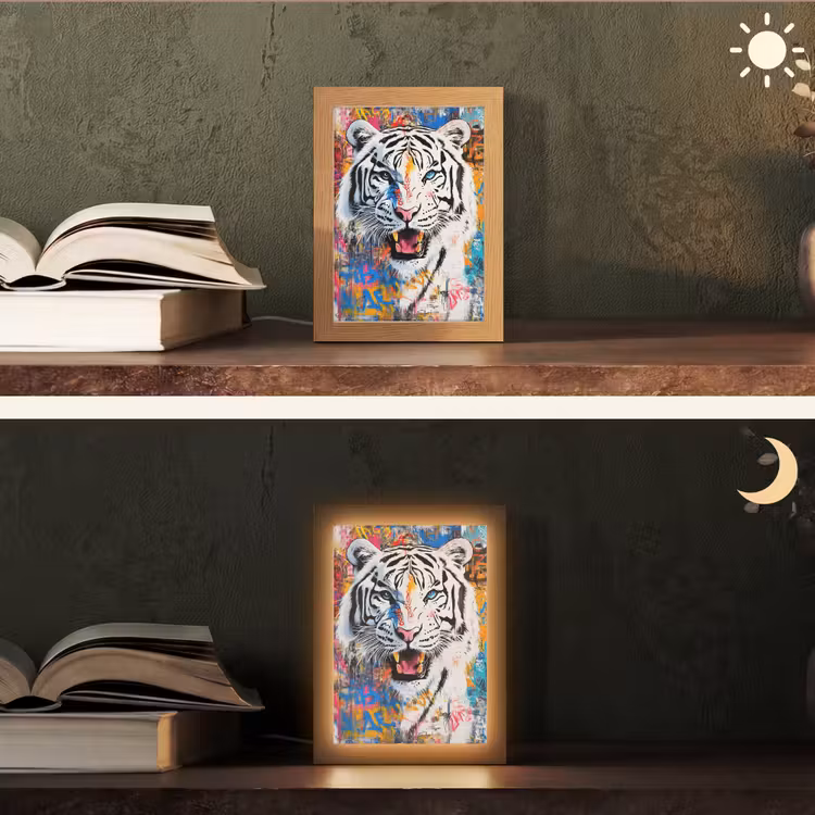 Street art - Tijger - Wit - Graffiti - Dieren Light Box met kabel (Tafellamp) klein -sfeer3