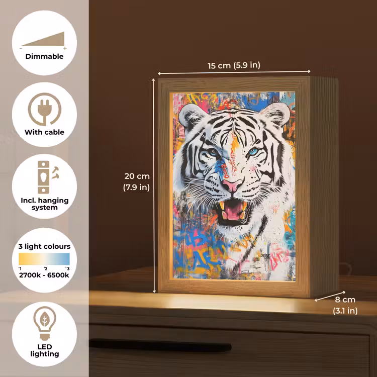 Street art - Tijger - Wit - Graffiti - Dieren Light Box met kabel (Tafellamp) klein -USP_EN
