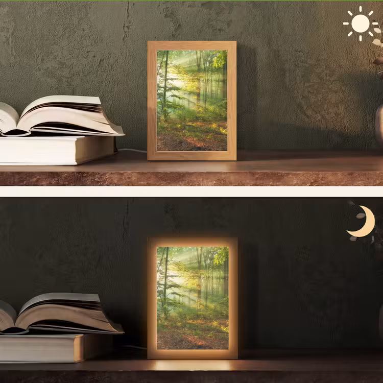 Zon - Bos - Bomen - Natuur - Herfst Light Box met kabel (Tafellamp) klein -sfeer3
