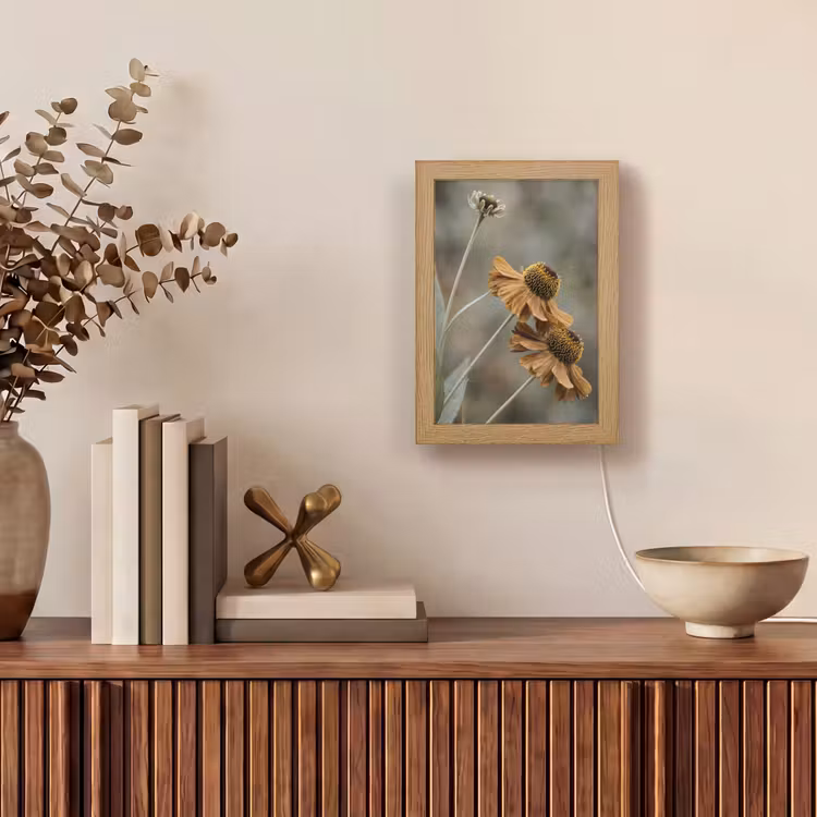 Zonnehoed - Droogbloemen - Geel - Warm Light Box met kabel (Tafellamp) klein -sfeer2