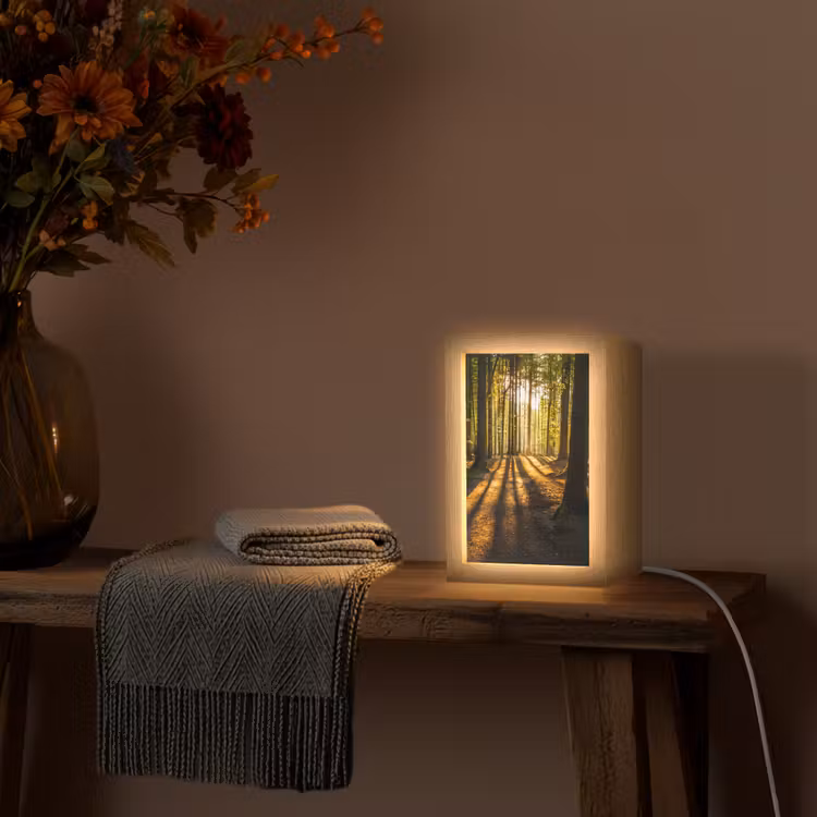 Zon - Bomen - Bos - Landschap - Natuur Light Box met kabel (Tafellamp) klein -sfeer4