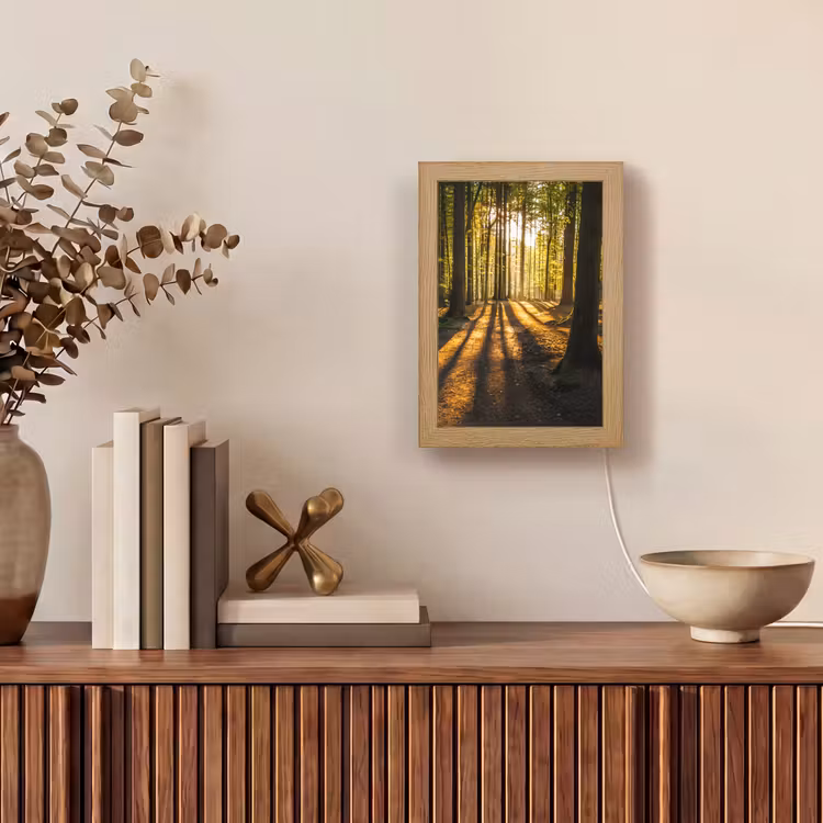 Zon - Bomen - Bos - Landschap - Natuur Light Box met kabel (Tafellamp) klein -sfeer2