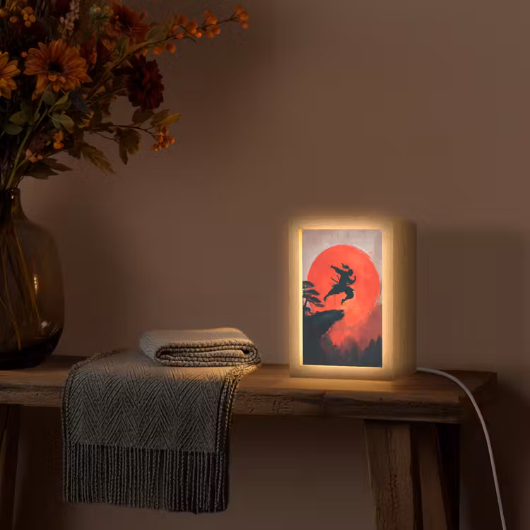 Zon - Krijger - Bomen - Bergen Light Box met kabel (Tafellamp) klein -sfeer4