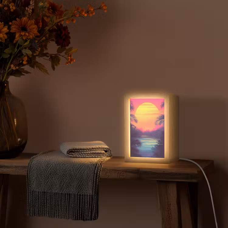 Zon - Geel - Palmbomen - Tropisch Light Box met kabel (Tafellamp) klein -sfeer4