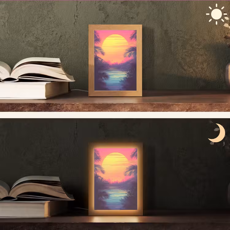Zon - Geel - Palmbomen - Tropisch Light Box met kabel (Tafellamp) klein -sfeer3