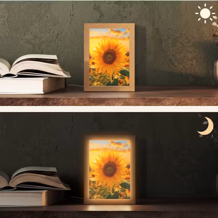 Zonnebloem - Bloemen - Geel - Bloemenveld met zonnebloemen Light Box met kabel (Tafellamp) klein -sfeer3