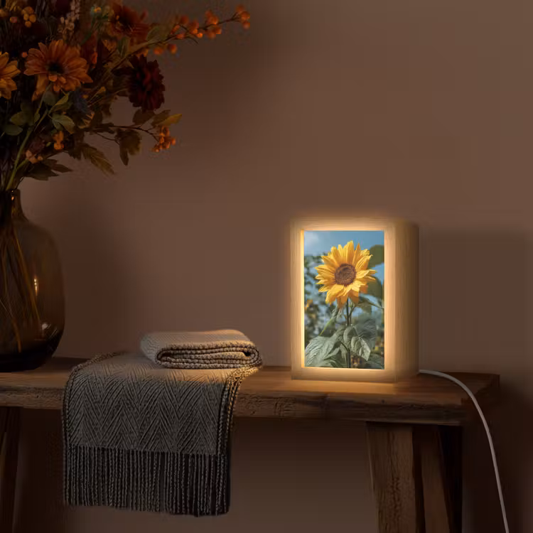 Zonnebloemen - Helderblauwer lucht - Gras Light Box met kabel (Tafellamp) klein -sfeer4