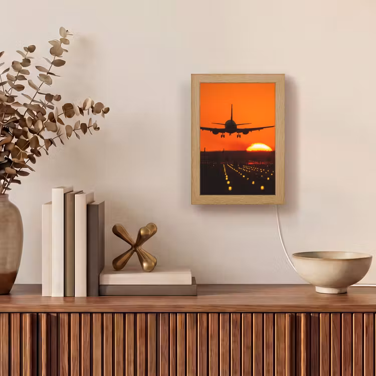 Zonsondergang - Vliegtuig - Oranje - Zon Light Box met kabel (Tafellamp) klein -sfeer2