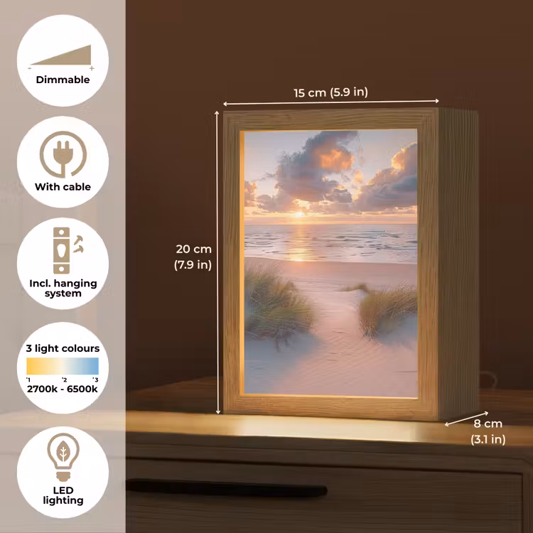 Zonsondergang - Zee - Strand - Duinen - Natuur Light Box met kabel (Tafellamp) klein -USP_EN