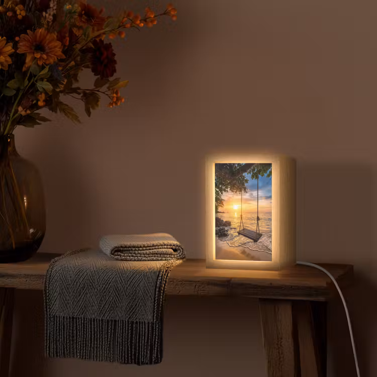 Schommel - Strand - Zonsondergang - Natuur - Oranje Light Box met kabel (Tafellamp) klein -sfeer4