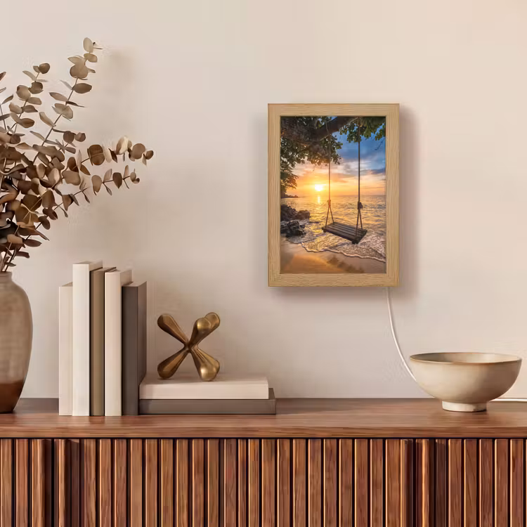 Schommel - Strand - Zonsondergang - Natuur - Oranje Light Box met kabel (Tafellamp) klein -sfeer2