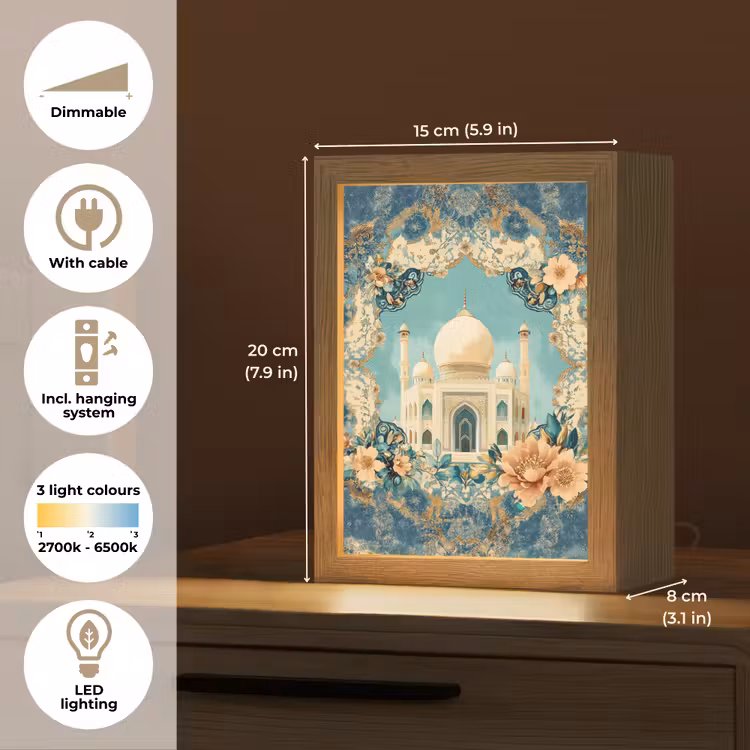 Taj Mahal - Ramadan - Bloemen - Islamitische Light Box met kabel (Tafellamp) klein -USP_EN