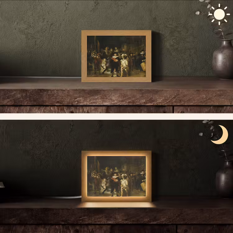 De Nachtwacht - Kunst - Oude meesters - Rembrandt Light Box met kabel (Tafellamp) klein -sfeer3