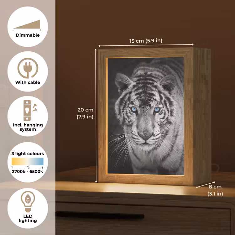 Tijger - Dier - Zwart - Blauw - Modern Light Box met kabel (Tafellamp) klein -USP_EN