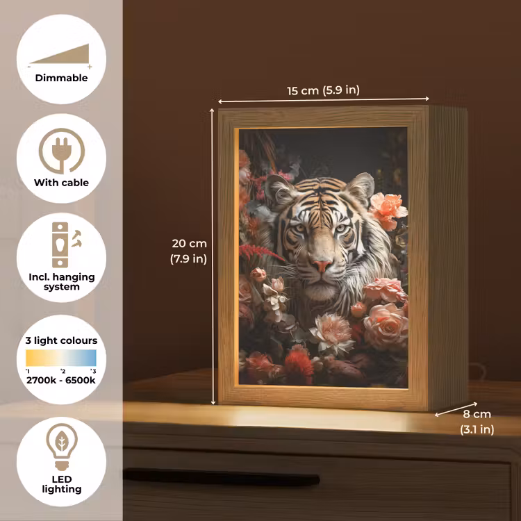 Tijger - Dier - Natuur - Bloemen - Botanisch Light Box met kabel (Tafellamp) klein -USP_EN