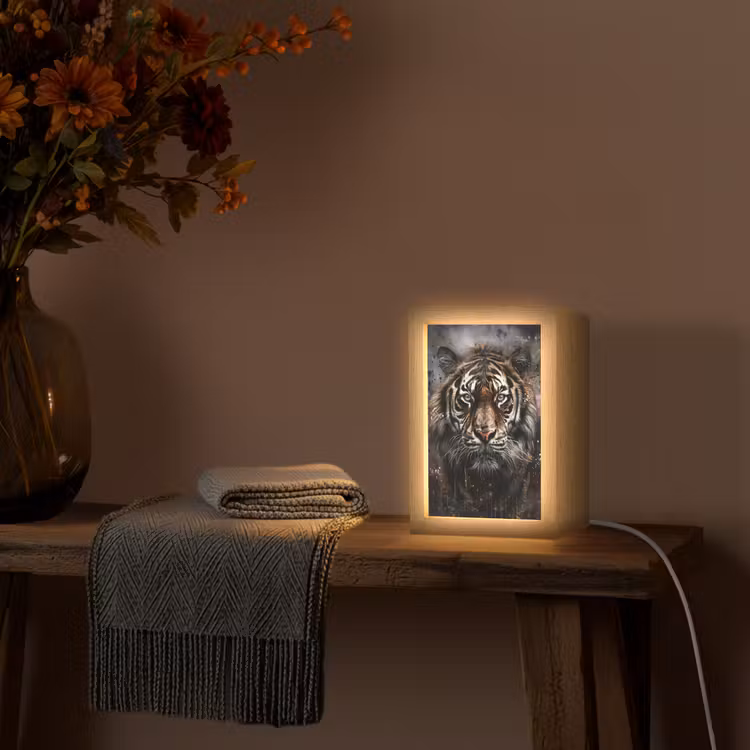 Tijger - Dieren - Portret - Luxe - Zwart Light Box met kabel (Tafellamp) klein -sfeer4