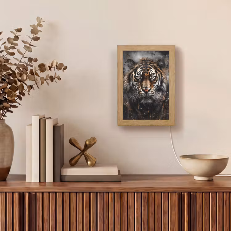 Tijger - Dieren - Portret - Luxe - Zwart Light Box met kabel (Tafellamp) klein -sfeer2