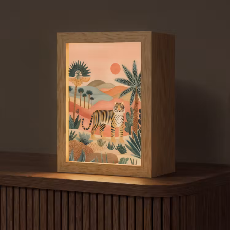 Tijger - Kleurrijk - Palmen - Cactus Light Box met kabel (Tafellamp) klein -z3d_website
