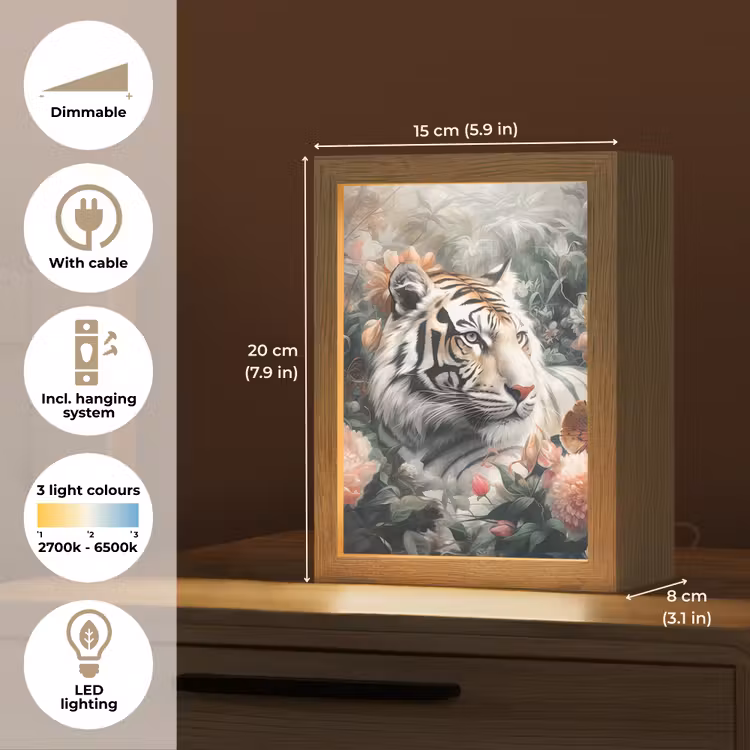 Tijger - Wilde dieren - Bloemen - Jungle Light Box met kabel (Tafellamp) klein -USP_EN
