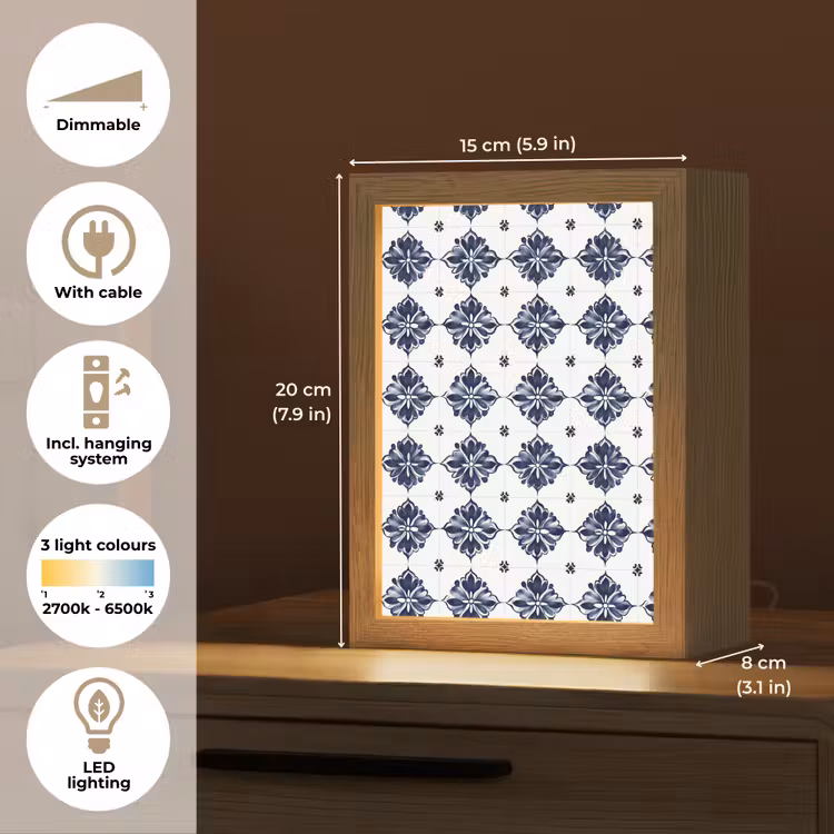 Tegelmotief - Blauw - Wit - Bloem Light Box met kabel (Tafellamp) klein 925 -USP_EN