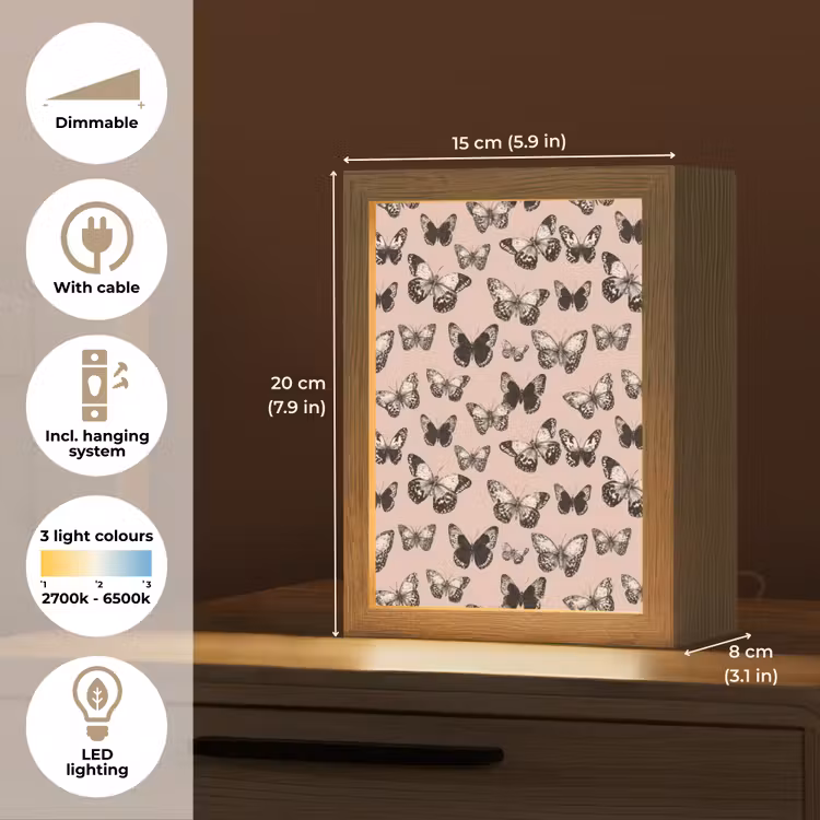 Tijdloos - Vlinders - Perzik Light Box met kabel (Tafellamp) klein 925 -USP_EN