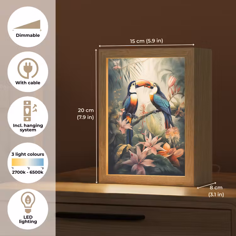 Toekan - Vogels - Bloemen - Natuur - Jungle Light Box met kabel (Tafellamp) klein -USP_EN