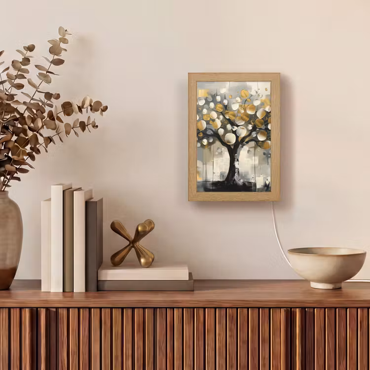 Boom - Abstract - Beige - Goud - Zwart Light Box met kabel (Tafellamp) klein -sfeer2