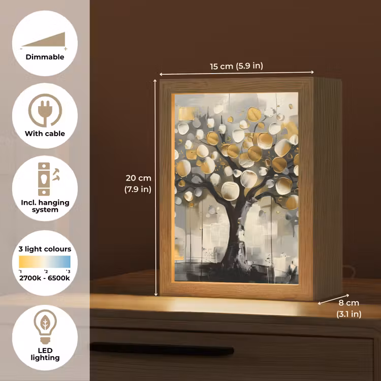 Boom - Abstract - Beige - Goud - Zwart Light Box met kabel (Tafellamp) klein -USP_EN
