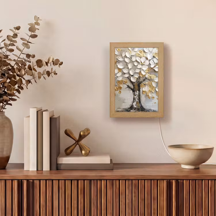 Boom - Beige - Grijs - Goud - Abstract Light Box met kabel (Tafellamp) klein -sfeer2